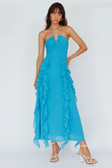 Asiah Ruffle Trim Halterneck Maxi Dress Cerulean Blue