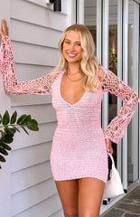Spina Pink Crochet Long Sleeve Mini Dress