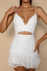 Dearly Beloved Cami Strap Cut-Out Frill Hem Lace Dress White