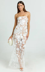 Sienna Maxi Dress 3D Floral Strapless Column Dress in White