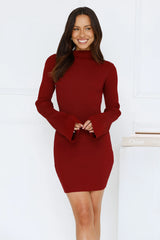 Isla Ribbed Long Sleeve Mini Dress Burgundy