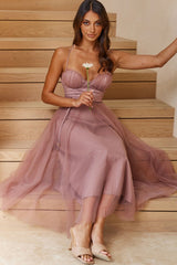 Smitten Sweetheart Neckline Chiffon Midi Dress Rose