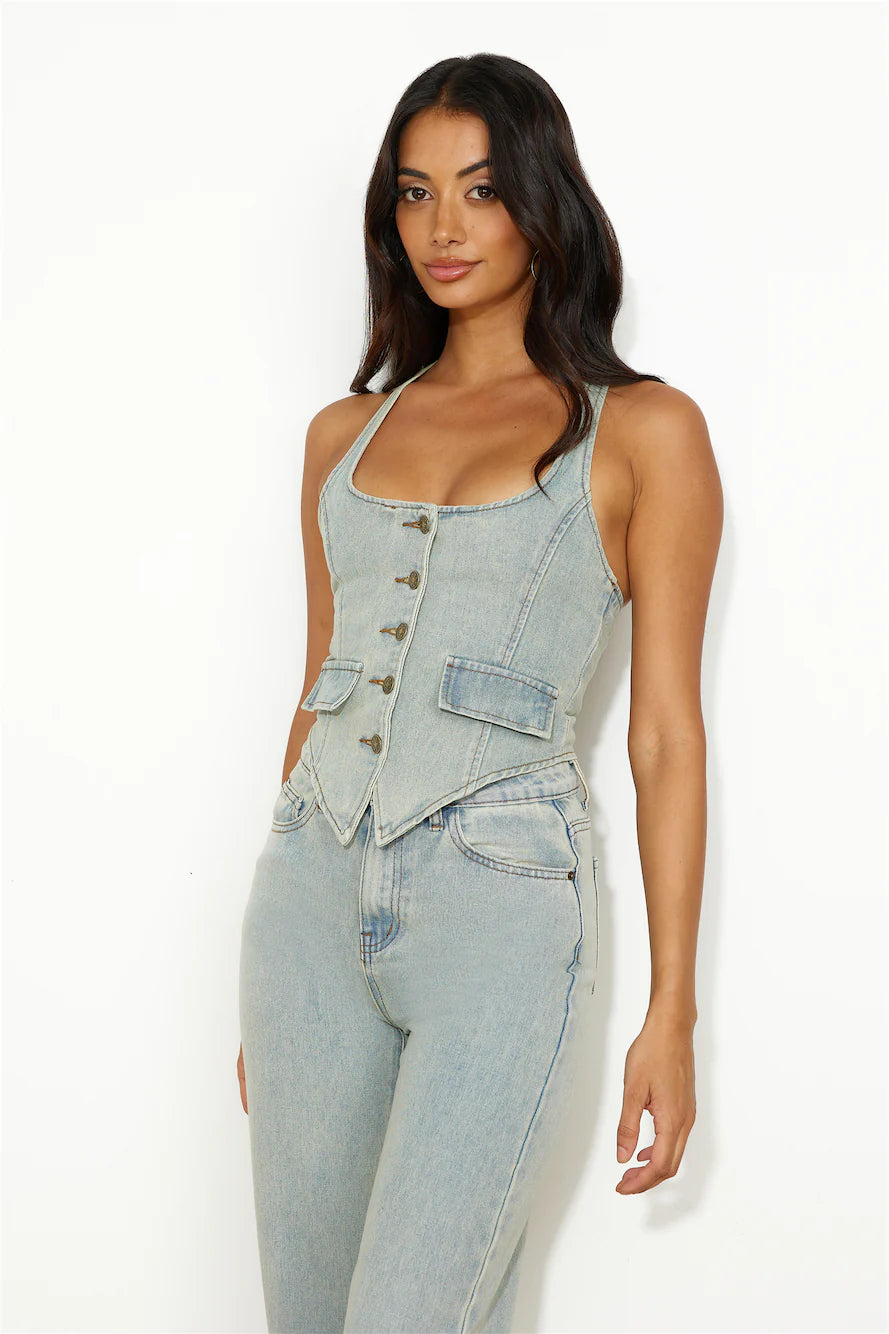 LIONESS NYC Halter Top Light Denim