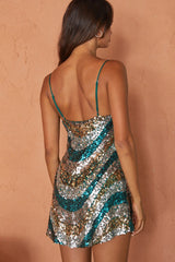 Show Me Love Cowl Neck Mini Dress Sequin Swirl Green