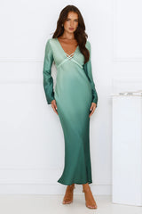 Horizon Hues Satin Long Sleeve Midi Dress Green Ombre