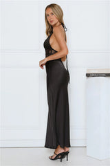 Ibiza Twilight Satin Lace Maxi Dress Black