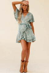 Cami Angel Sleeve Faux Wrap Dress Sage With Beige Lining