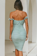 Senorita Off-Shoulder Lettuce Edge Detail Ruched Knee Length Dress Pistachio