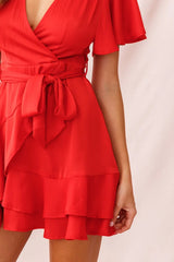 Cami Angel Sleeve Faux Wrap Dress Red
