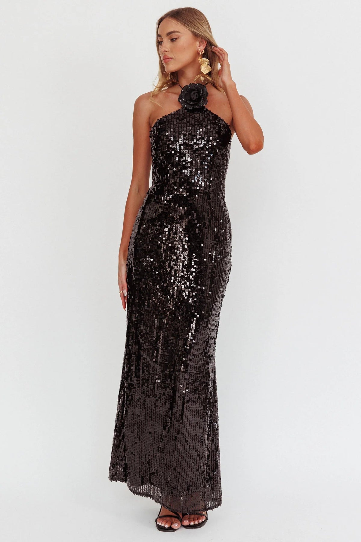 High Roller Flower Decoration Halter Dress Sequin Black