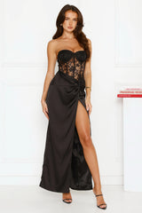 J'adore Lace Satin Strapless Maxi Dress Black