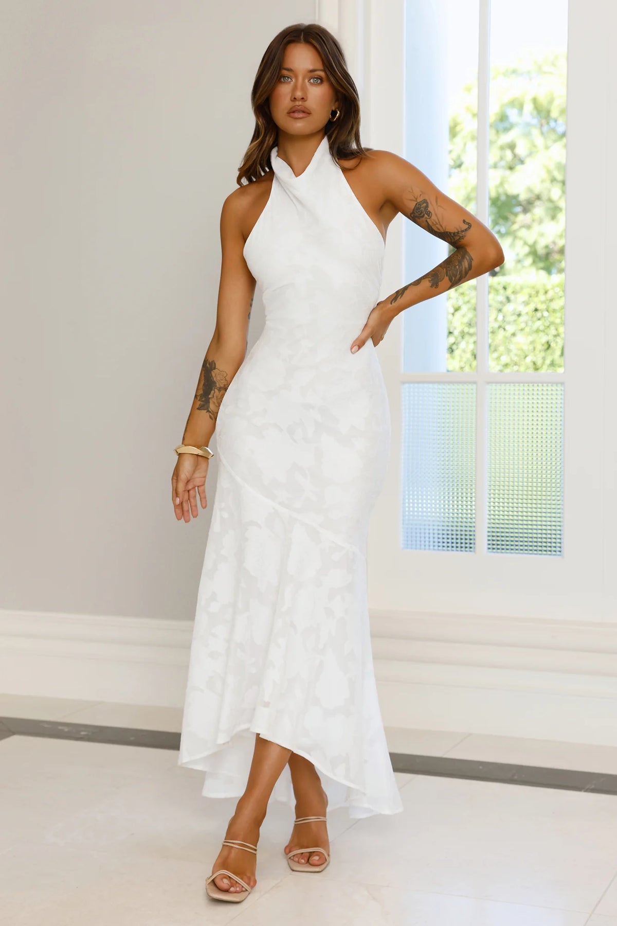 Hints Of Wildflowers Halter Maxi Dress White