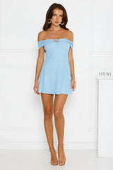 Island Haze Off Shoulder Mesh Mini Dress Blue