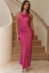India Cowl Halterneck Satin Maxi Dress Fuchsia