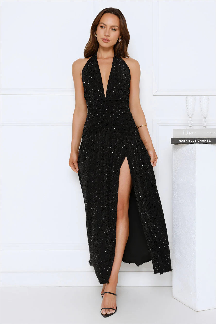 High Society Nights Halter Maxi Dress Black