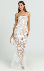 Sienna Maxi Dress 3D Floral Strapless Column Dress in White