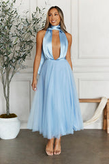 Highest Level Satin Tulle Midi Dress Blue