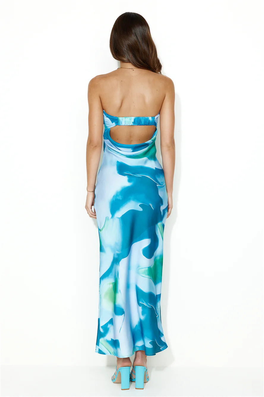 Impressive Girl Strapless Satin Maxi Dress Blue