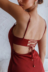 Fondest Memories Ruched Drawstring Bust Lace-Up Back Midi Dress Brown