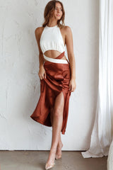 Social Butterfly Cut-Out Waist Midi Dress White Brown